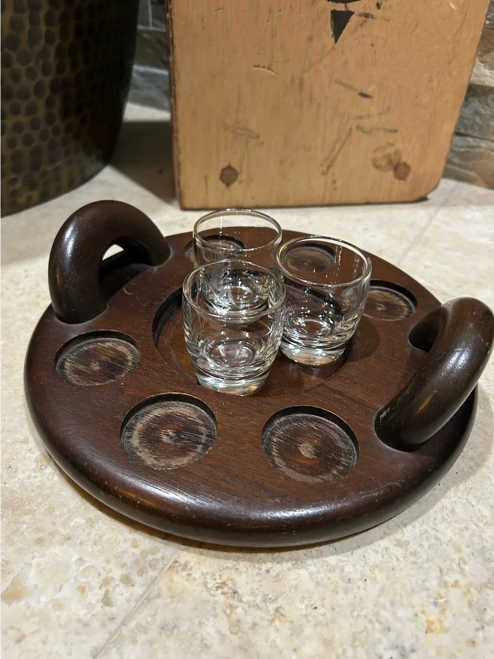Vintage Wooden Shot Glass and Liquor Bottle Serving Tray Caddy with Handles
